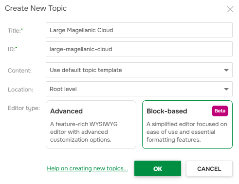 The "Block-based Topic Editor" option in the Create New Topic dialog.