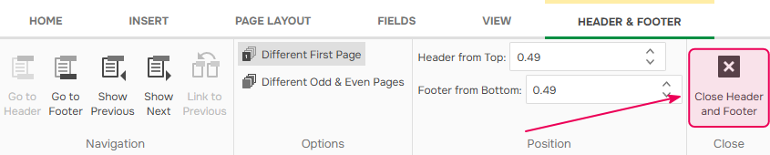Quitting header and footer editor in ClickHelp Word template