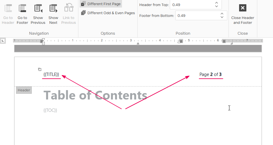 Elements position in the default ClickHelp Word template footer