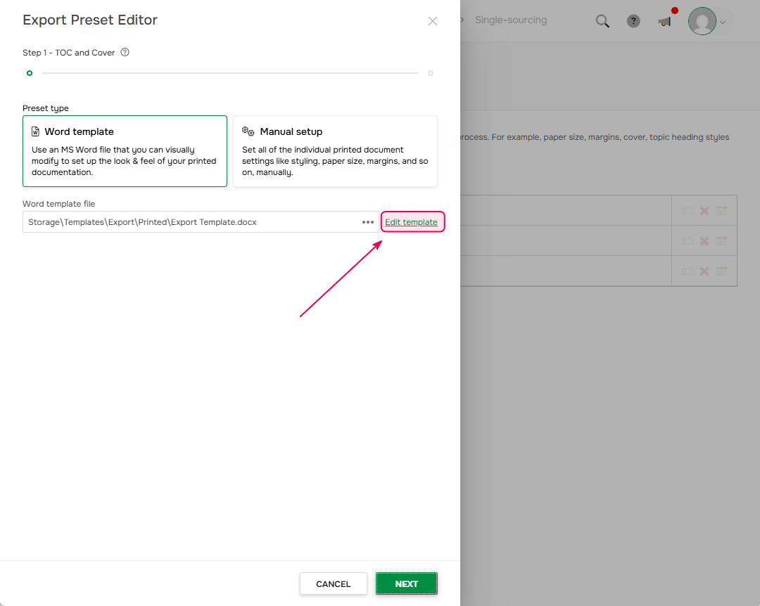 Edit Word template in the Export Preset Editor