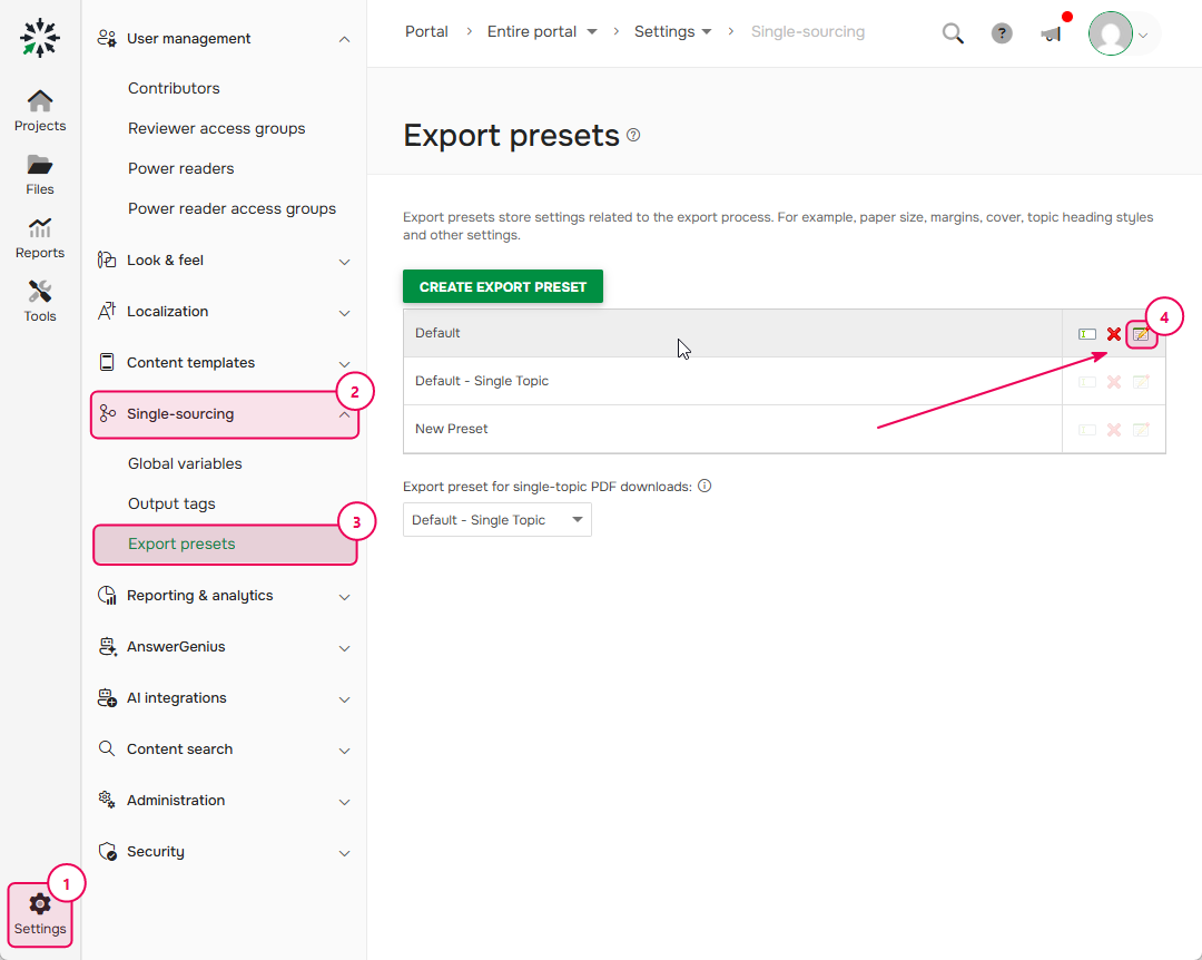Configuring Export Presets in ClickHelp settings