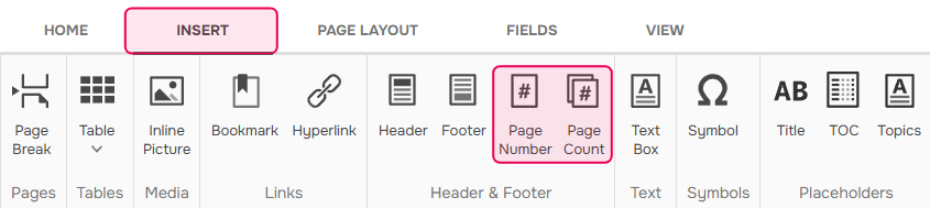 Page Number and Page Count options in the ClickHelp Word template editor