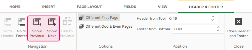 Switching between different pages' headers and footers in ClickHelp Word template
