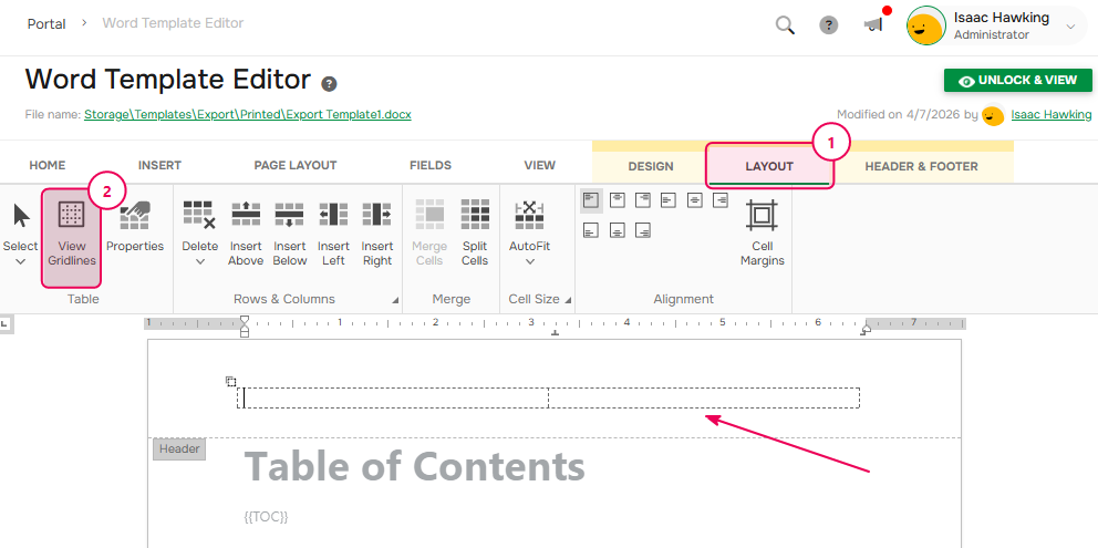 View Gridlines option simplifies organizing content in ClickHelp Word template