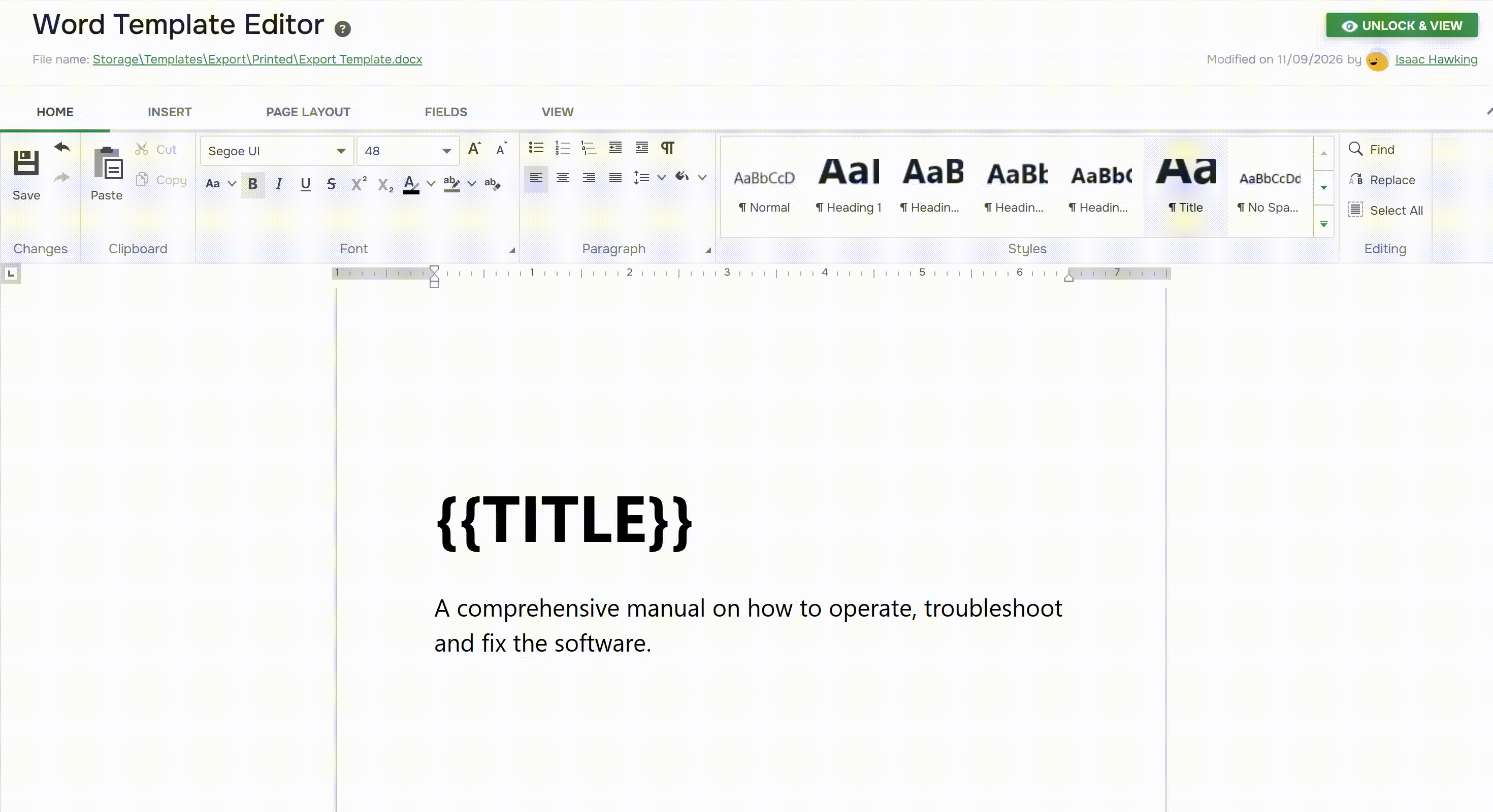 Style the title in the Word template editor.