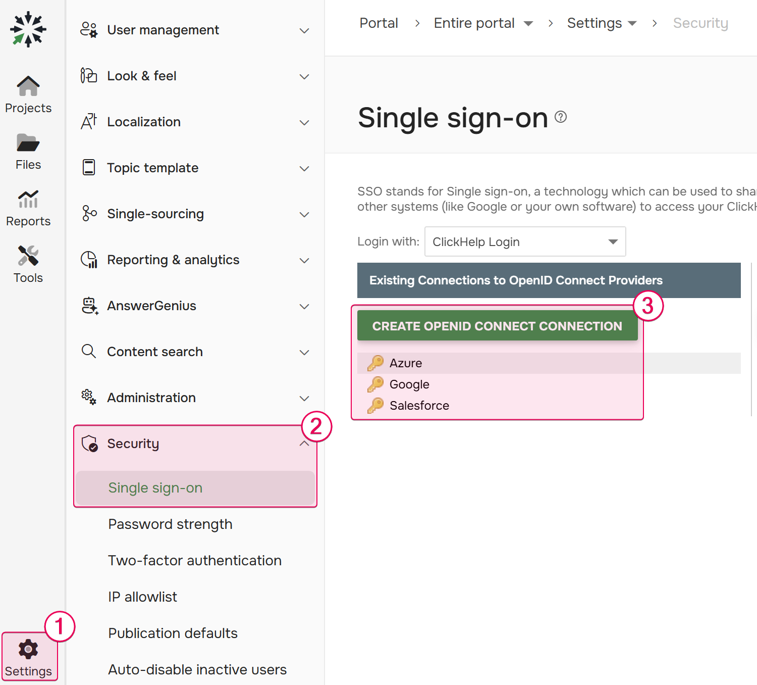 SSO settings to configure an identity provider.