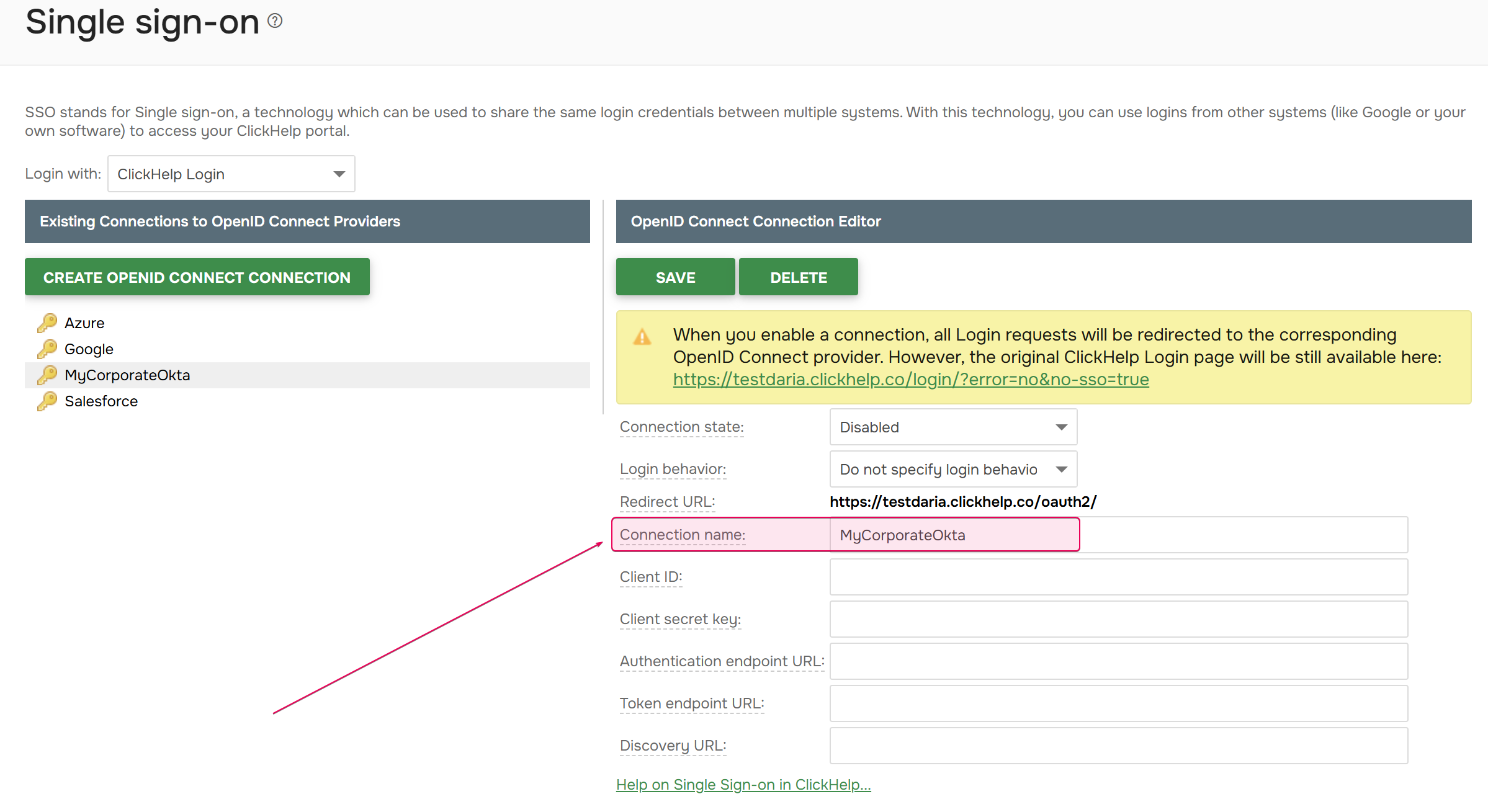 Connection name for idp parameter. 