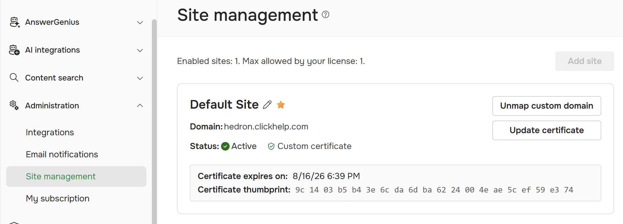 The settings page when the certificate is installed.