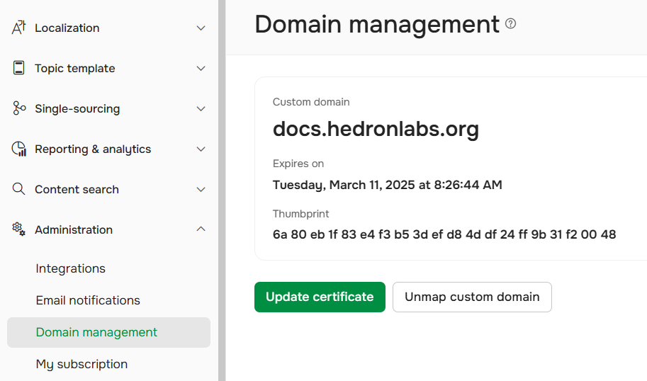 The settings page when the certificate is installed.