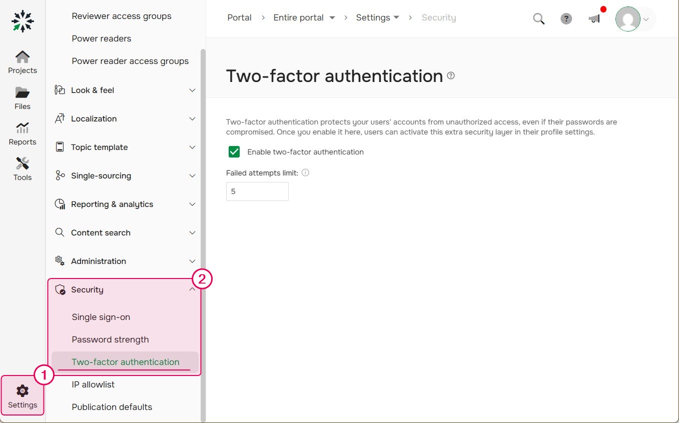 Global two-factor authentication settings.