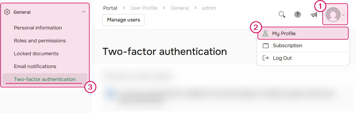Setting up two-factor authentication in the user profile.