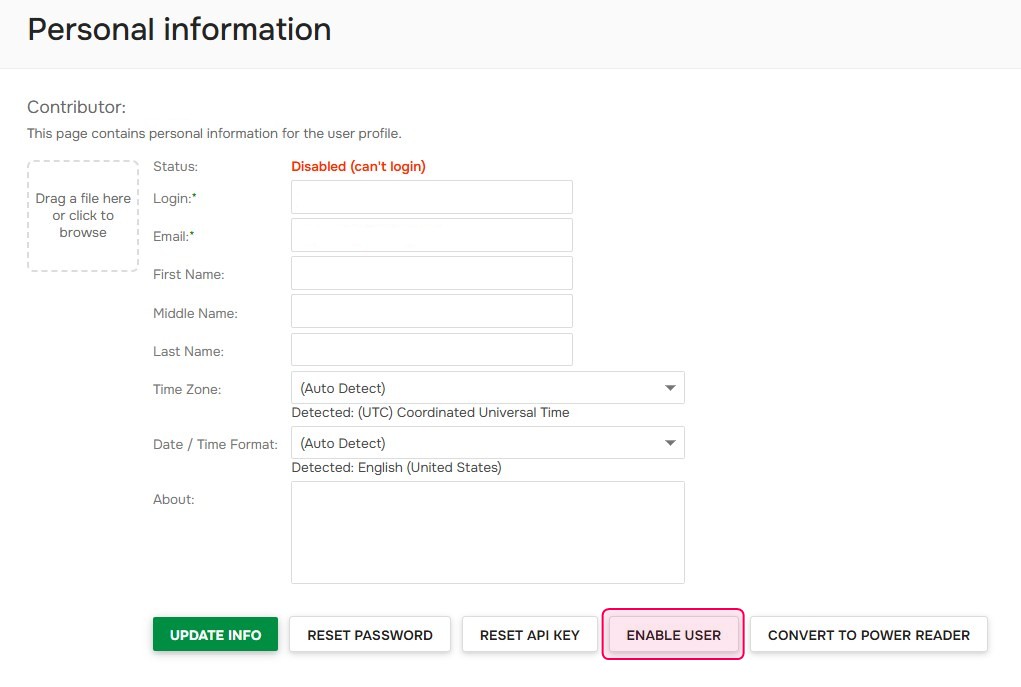 Enable the user if it is disabled.