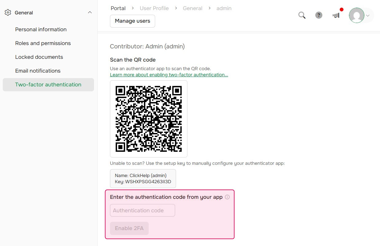 Enter the authentication code from your app.