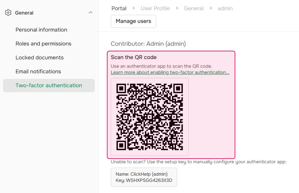 Scan the QR code for the authentication app configuration.