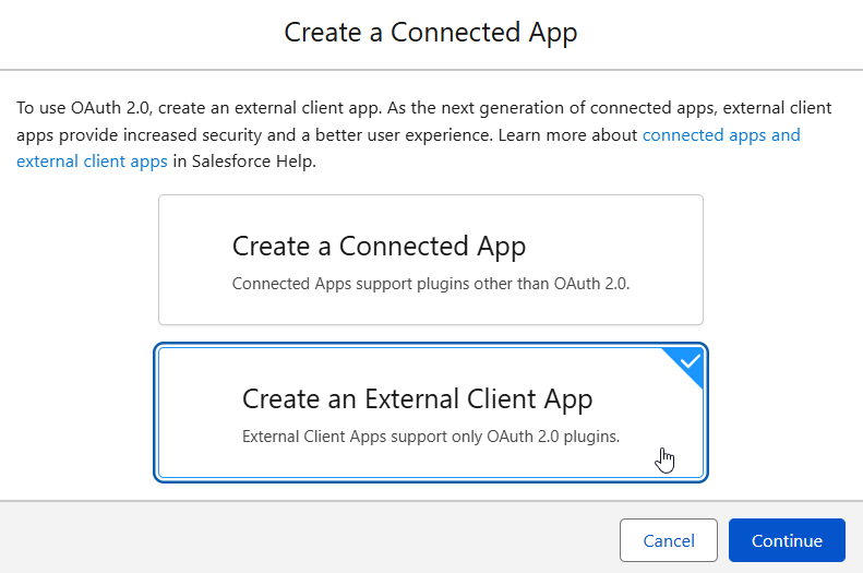 Select "Create an external client app" option.