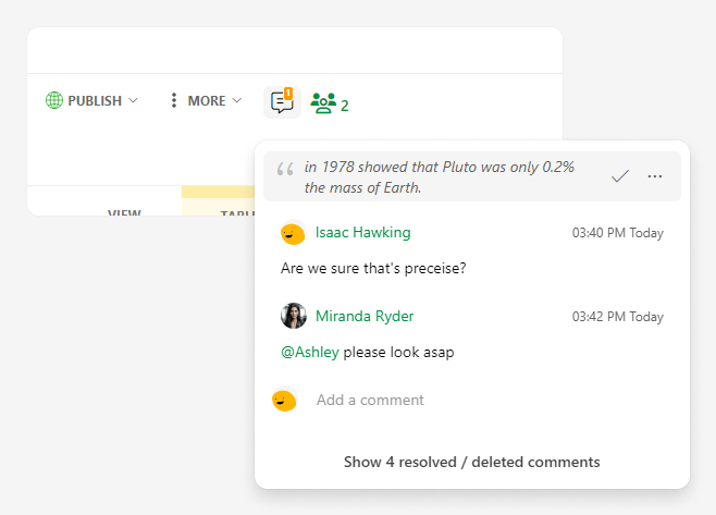 Expanded comment thread showing few comments and a link to show 4 resolved/deleted comments