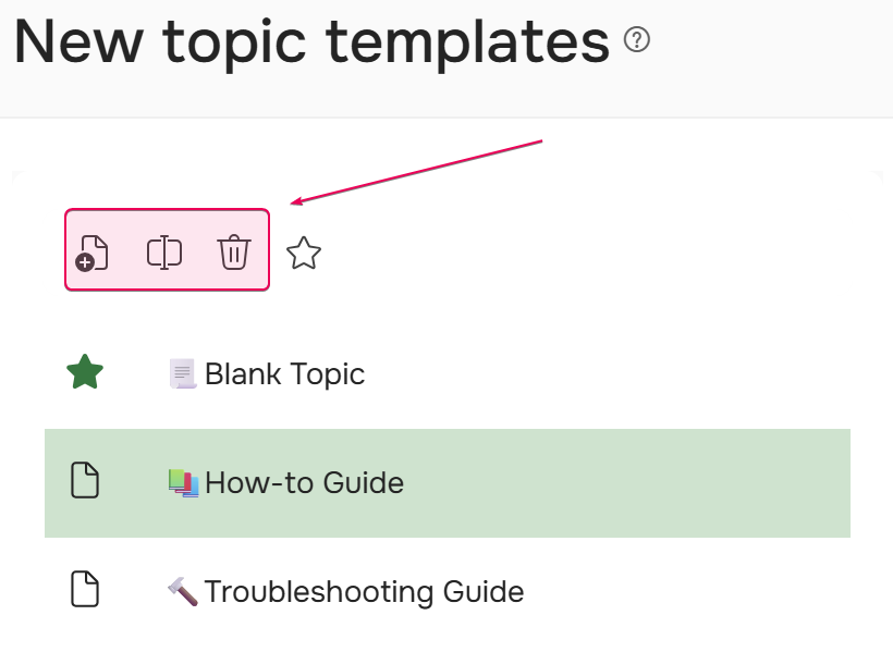 The "Create", "Rename" and "Delete" buttons in the New topic templates settings.