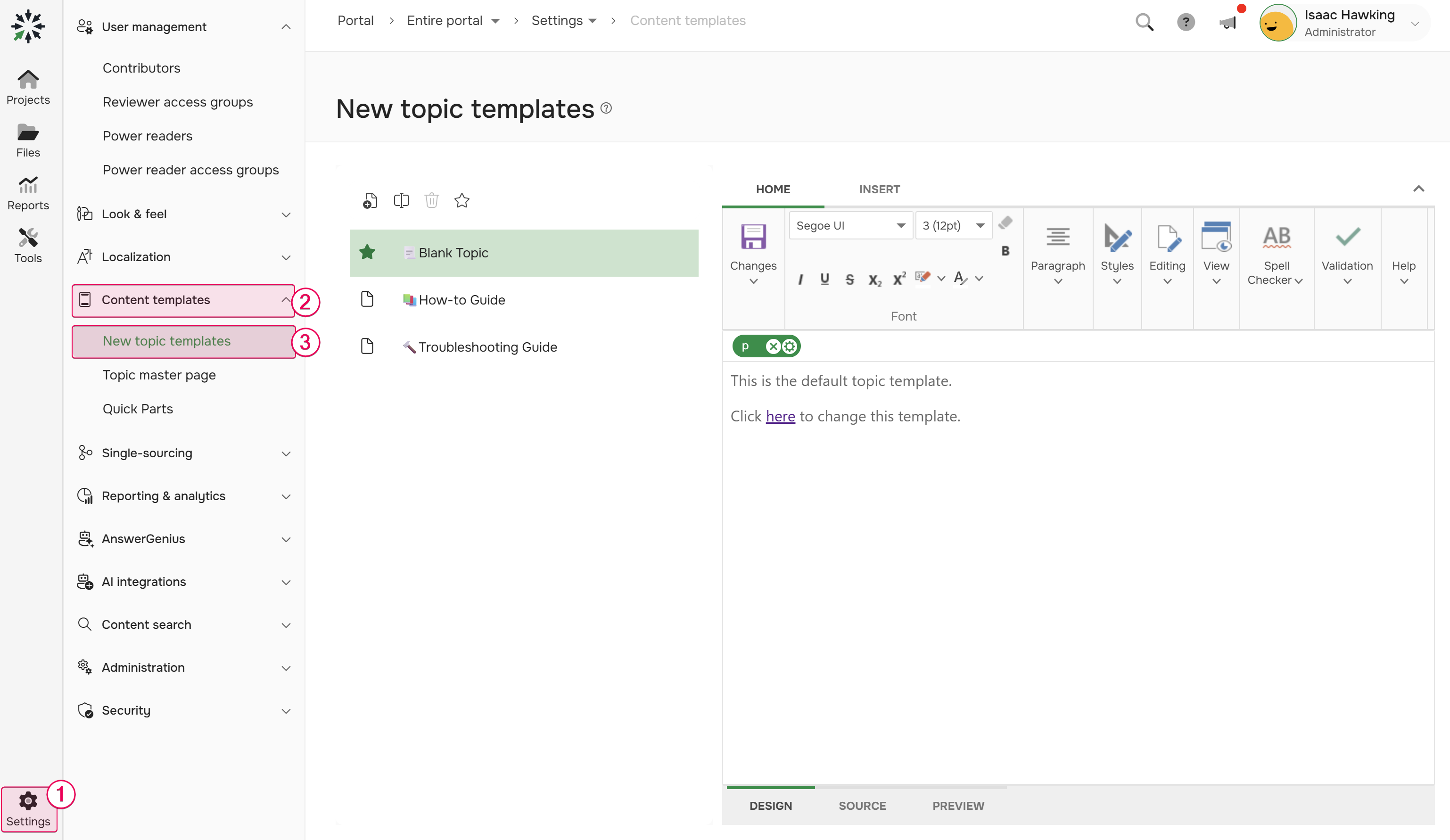 The "New topic templates" settings.