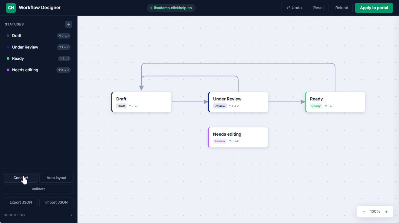 Adding a new transition to ClickHelp workflow