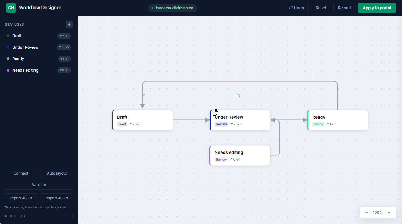 Removing a transition in ClickHelp workflow