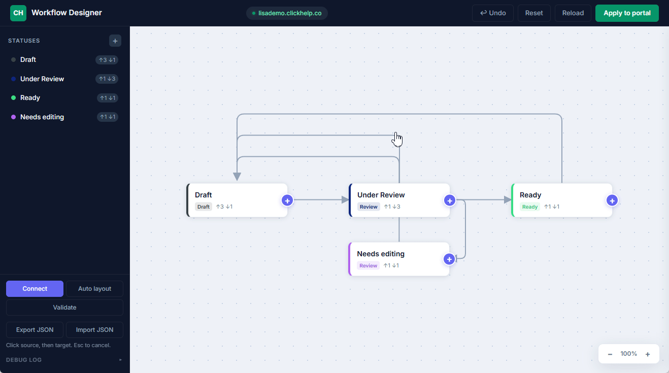 Exporting JSON with the current state of ClickHelp workflow