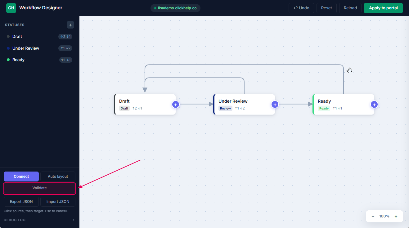 Validating the changes in ClickHelp workflow