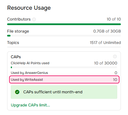CAPs usage for WriteAssist on the Subscription page